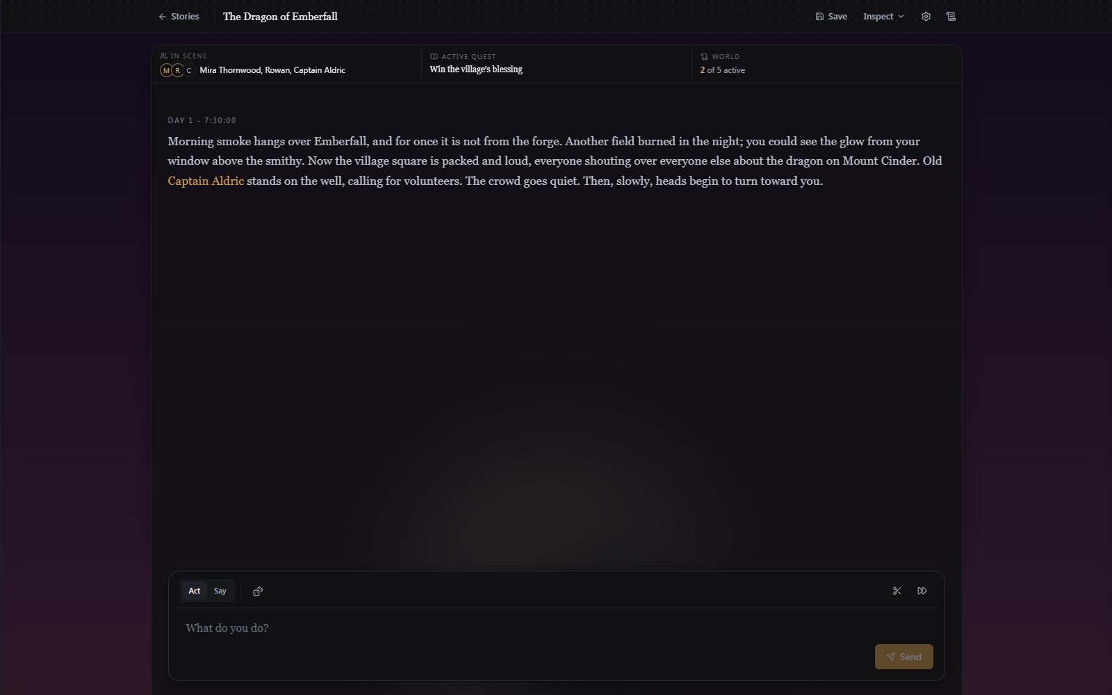 A freshly started story showing the opening passage