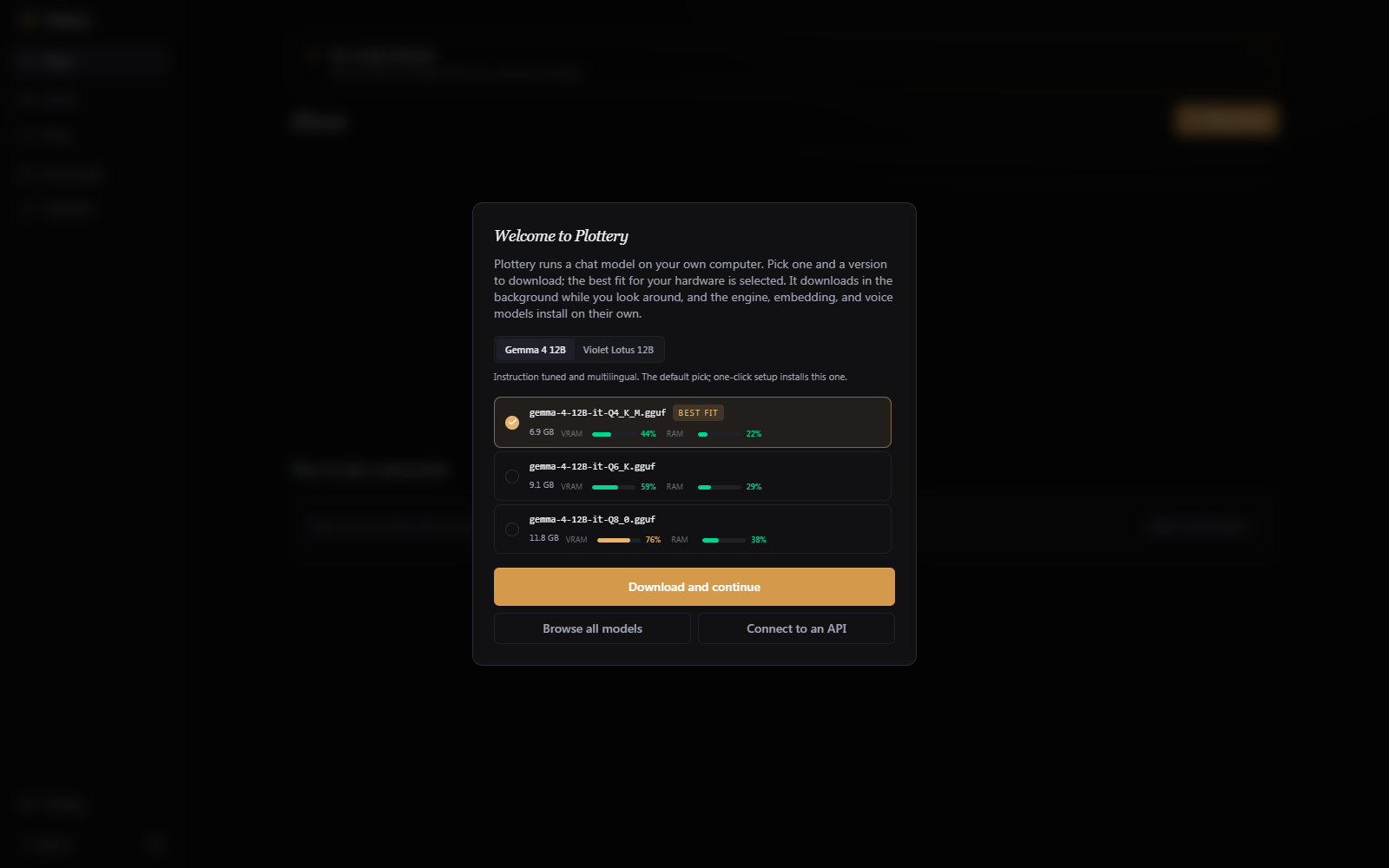 The first-launch welcome screen with two suggested models