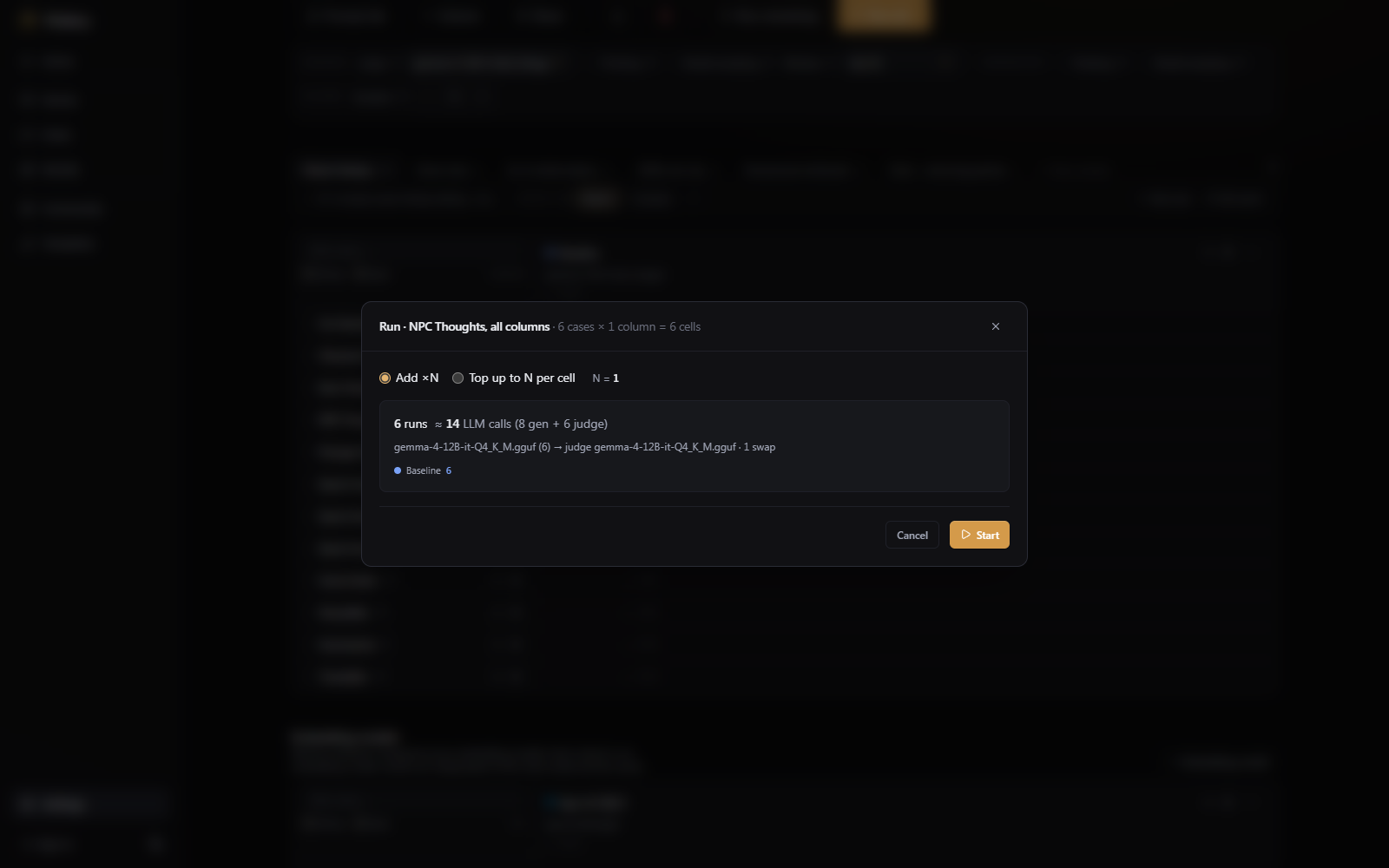 The run dialog for one task's cases