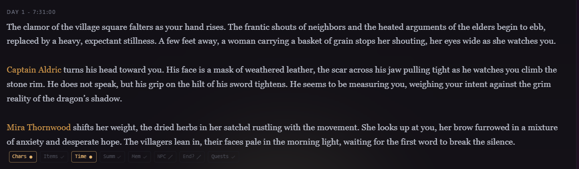 A finished story beat with the row of agent indicators under it