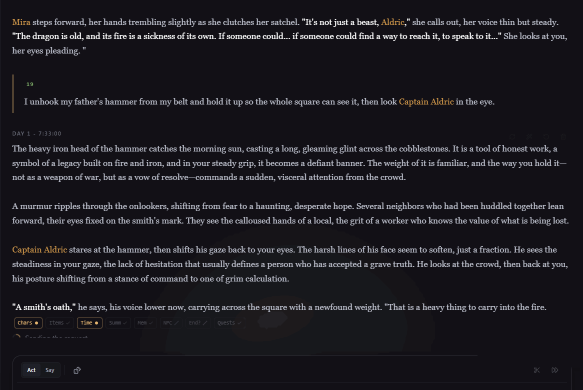 A whole turn playing out: the narrator streams its reply, then the tracking agents run