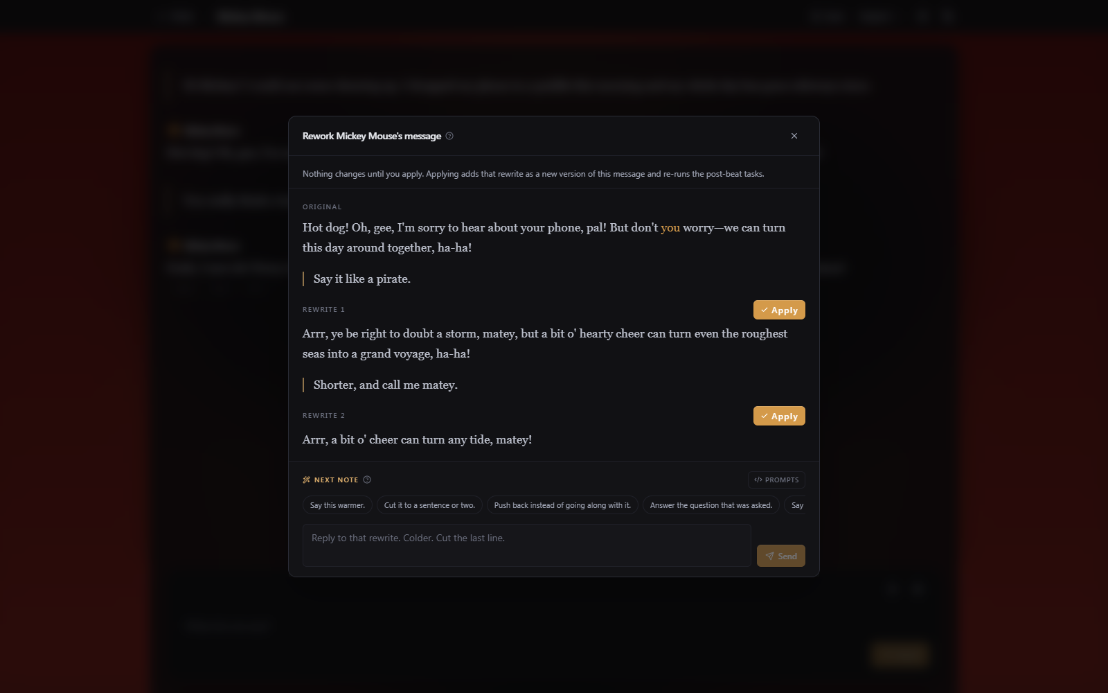 The rework dialog with an instruction and the proposed rewrite