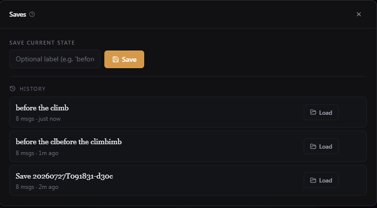 The saves dialog with a labeled save and a quicksave
