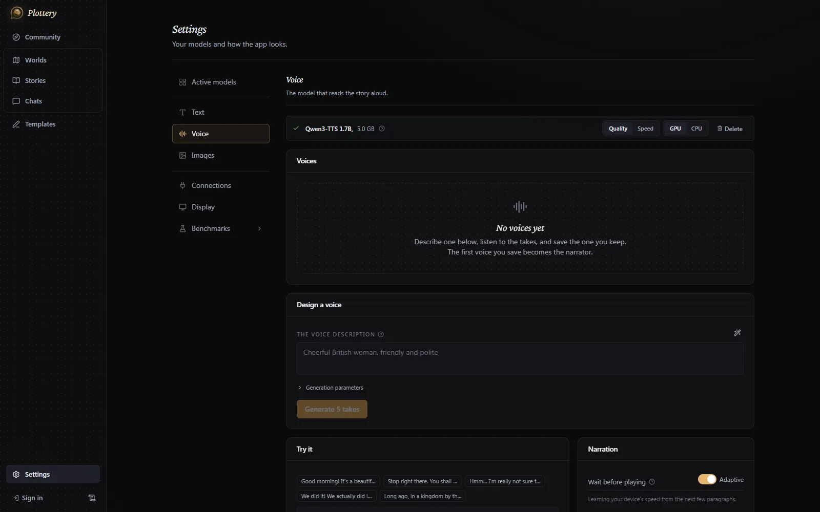 The Voice settings page with the voice engine and the voices on the device.