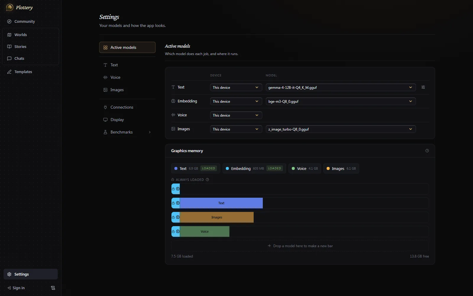 The Active models settings page: a row per model kind with its device and file, and a graphics memory chart.