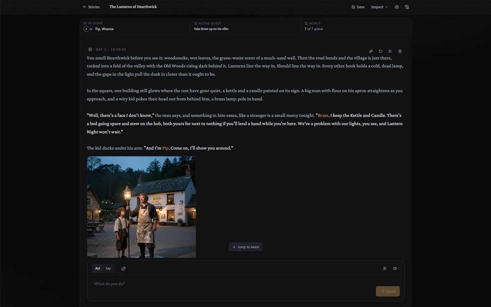 The opening beat of a story with a generated picture under it: an innkeeper and a child with a lamp pole in front of a lit inn at dusk.