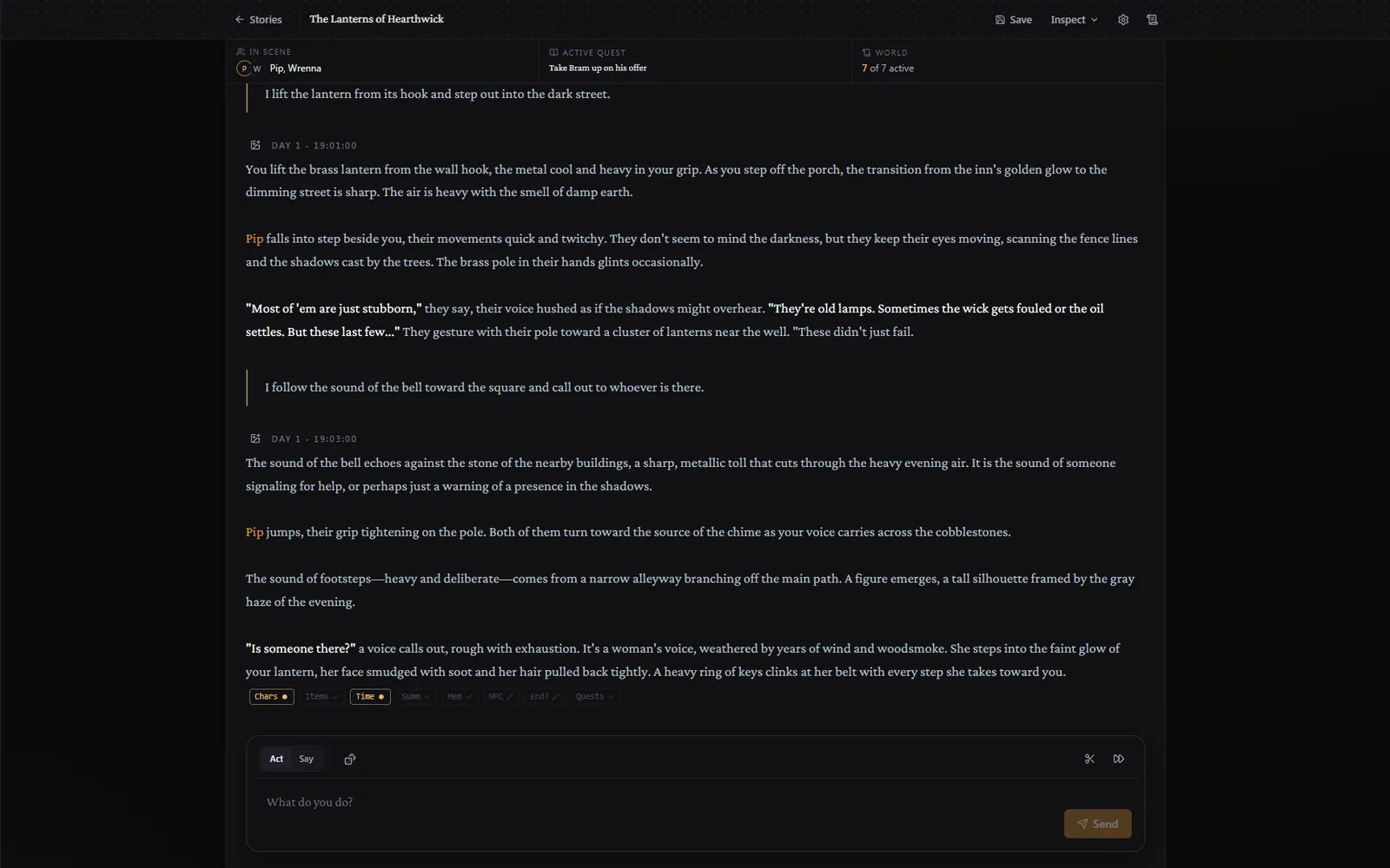 A story in Plottery: the narrator's text, a quest strip, and the composer.