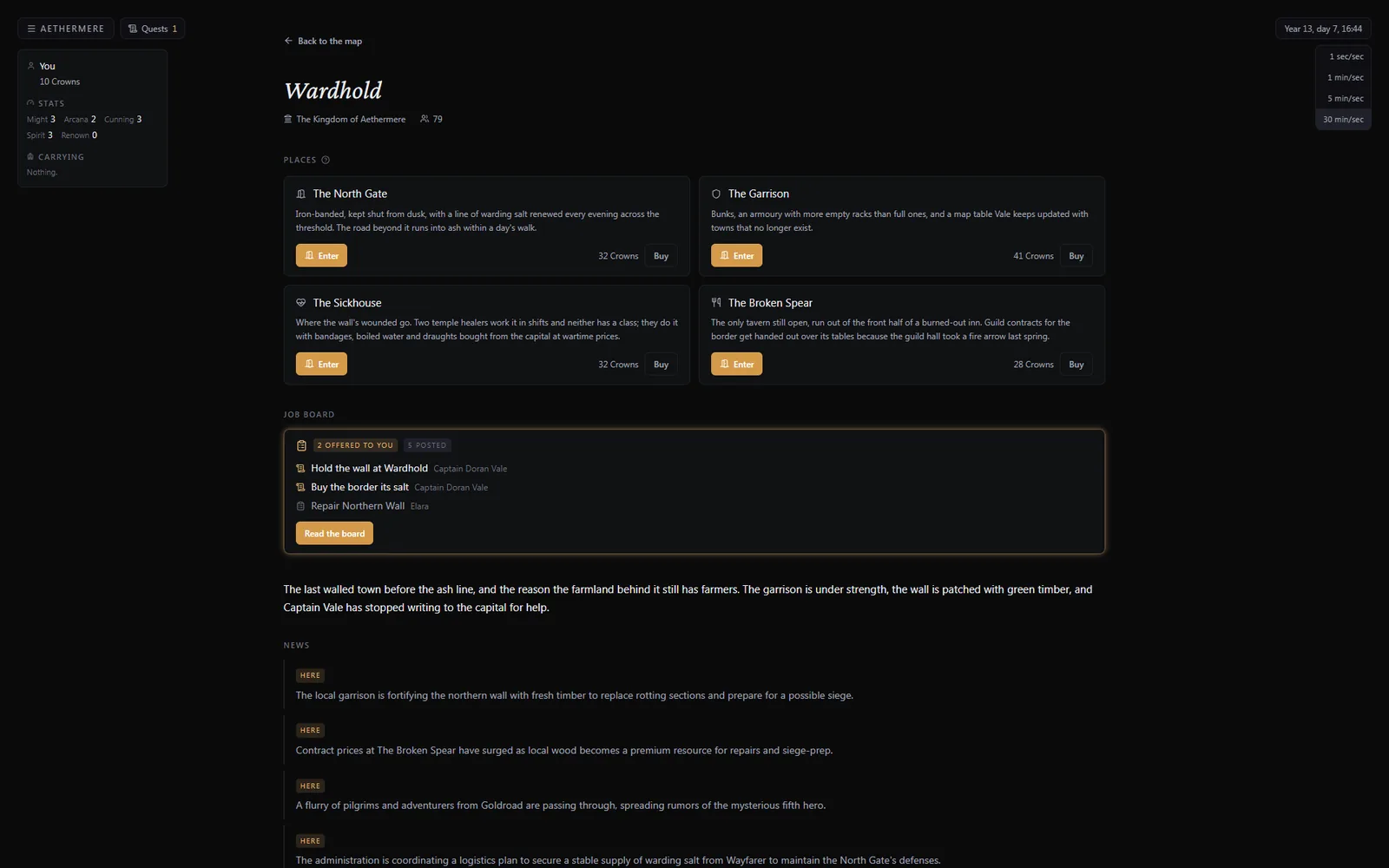 A town screen in Worlds: four places to enter or buy, and a job board.