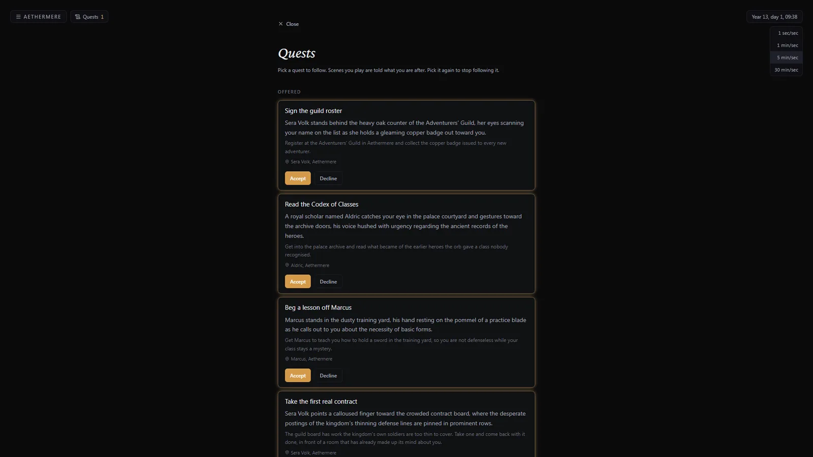 The quest log of a world, with four offered quests and who offers them.