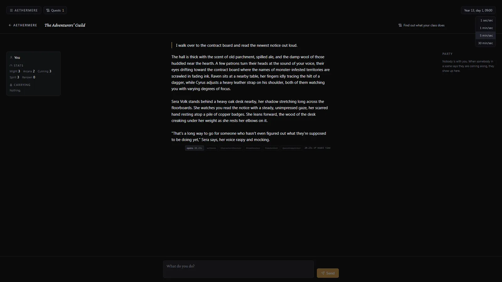 A scene inside the Adventurers' Guild, with the player's stats on the left.