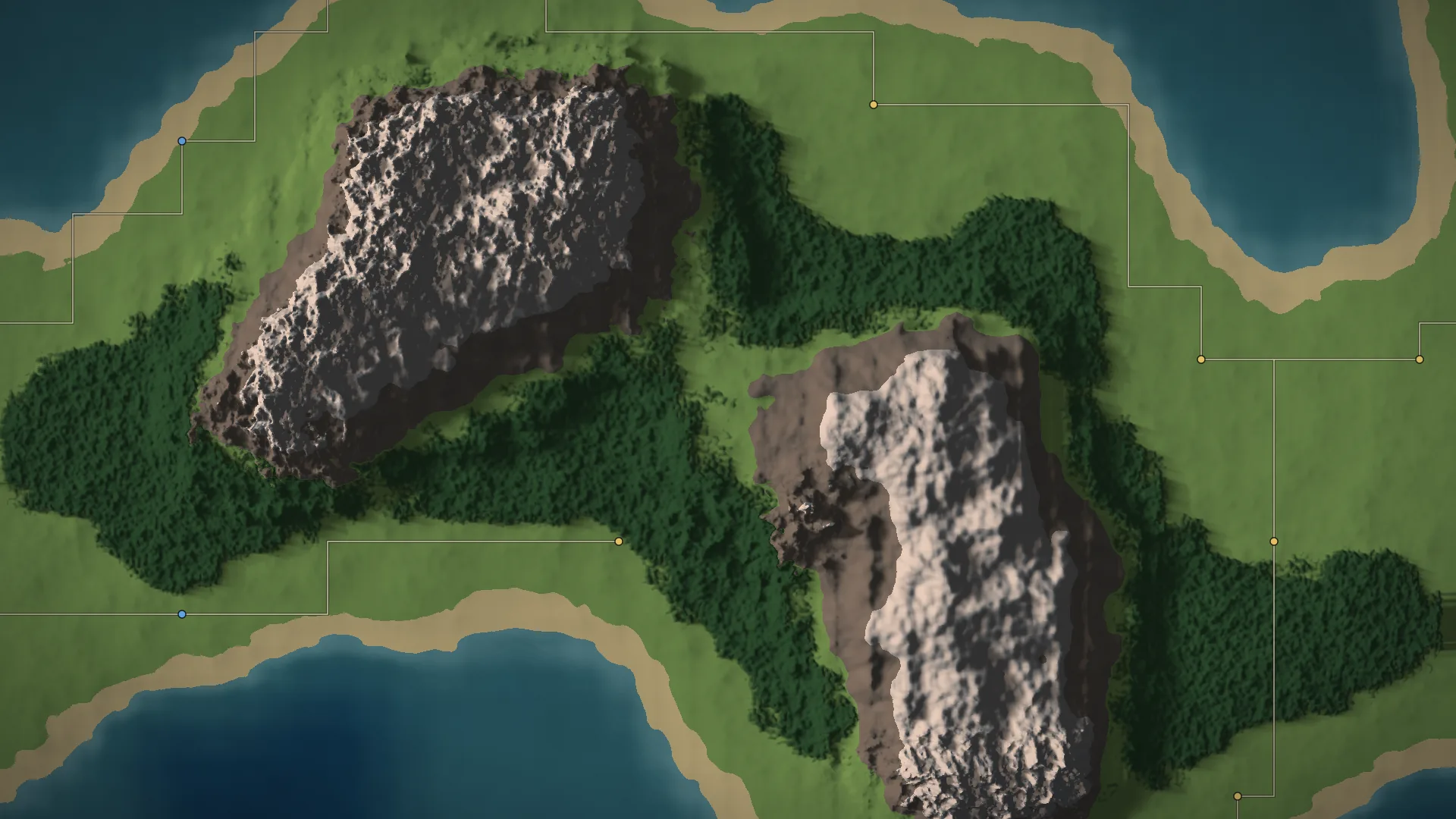 Two mountain ranges, forest and coast in a generated world, with town markers and roads.